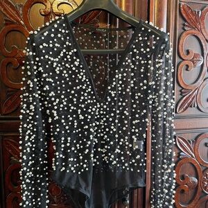AKIRA Black Pearl-Studded Sheer Bodysuit